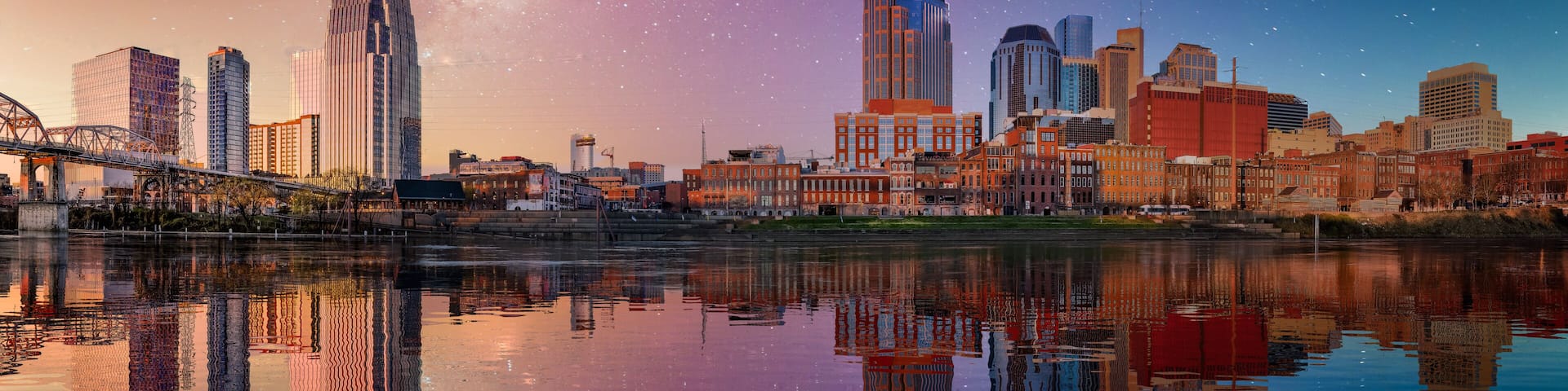 Nashville skyline with blue and purple sky