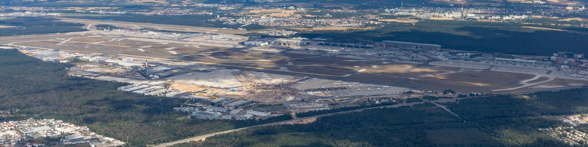 aerial of Frankfurt airport with blue andcloudy sky