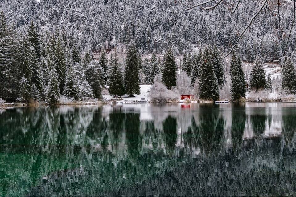 A snow-covered forest reflecting on a calm lake with a red cabin in the distance.