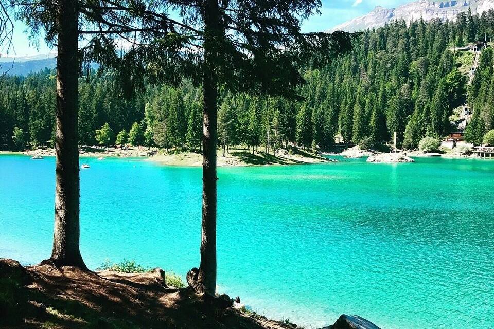A turquoise lake surrounded by dense forest and mountains.