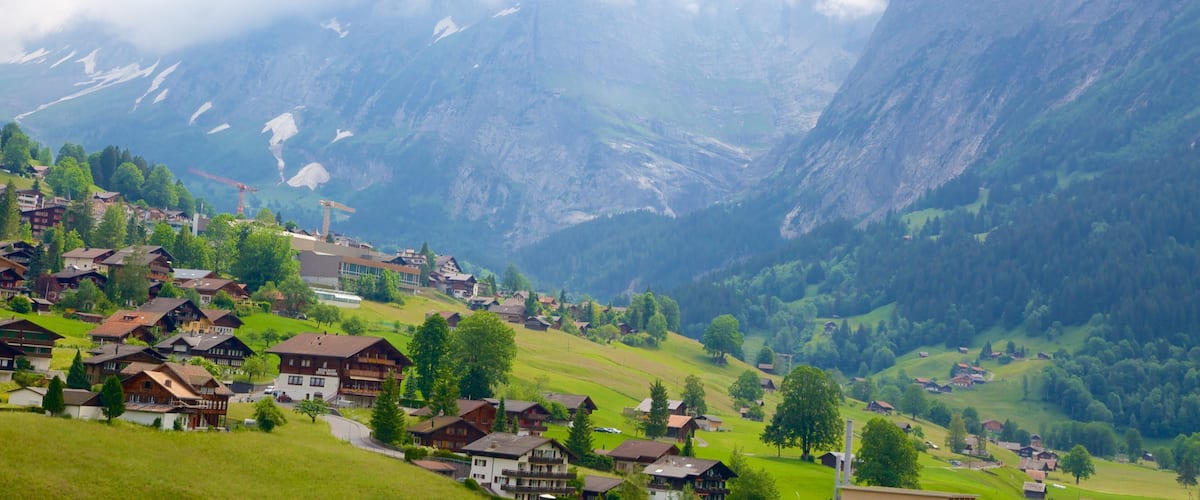 A mountain village with houses, trees, and a valley.