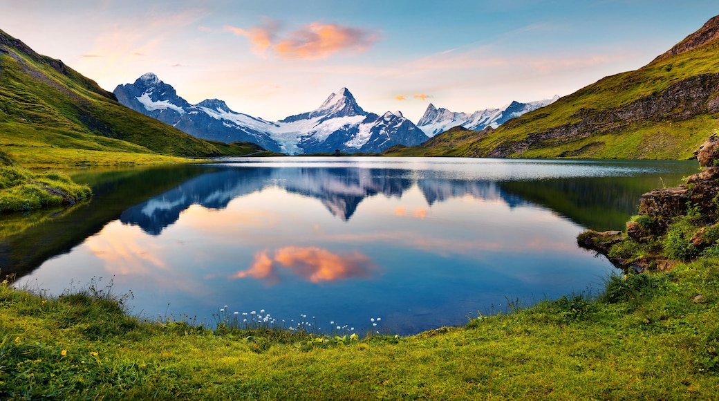Wetterhorn and Wellhorn peaks reflected in water surface of Bachsee lake