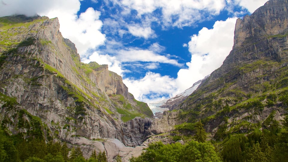 A mountainous landscape with a glacier, rocky cliffs, and lush greenery.