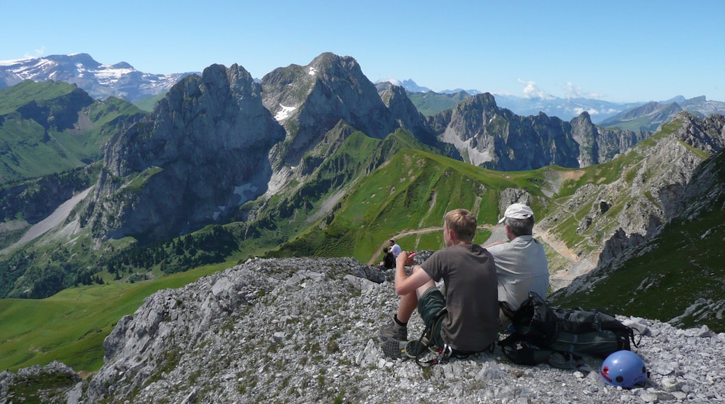 Gstaad which includes a gorge or canyon and mountains as well as a small group of people