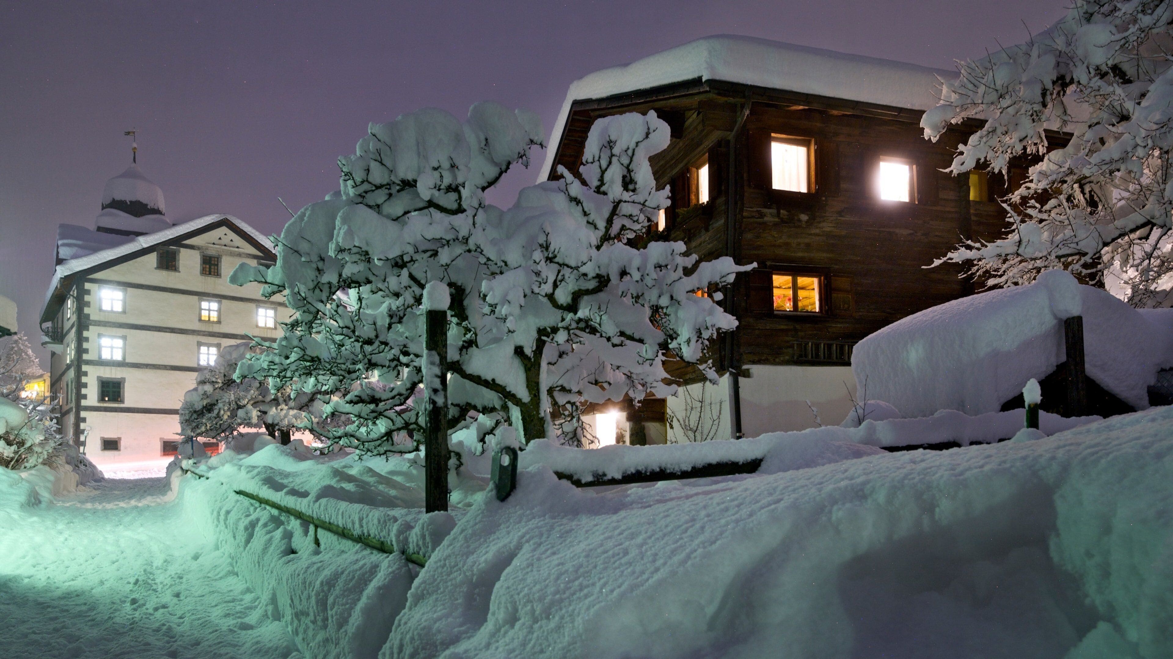 Flims showing snow, a house and night scenes