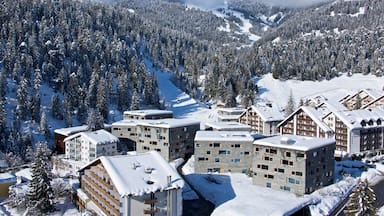 Flims which includes snow, landscape views and a small town or village