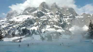 Outdoor natural hot springs Leukerbad Swiss Alps