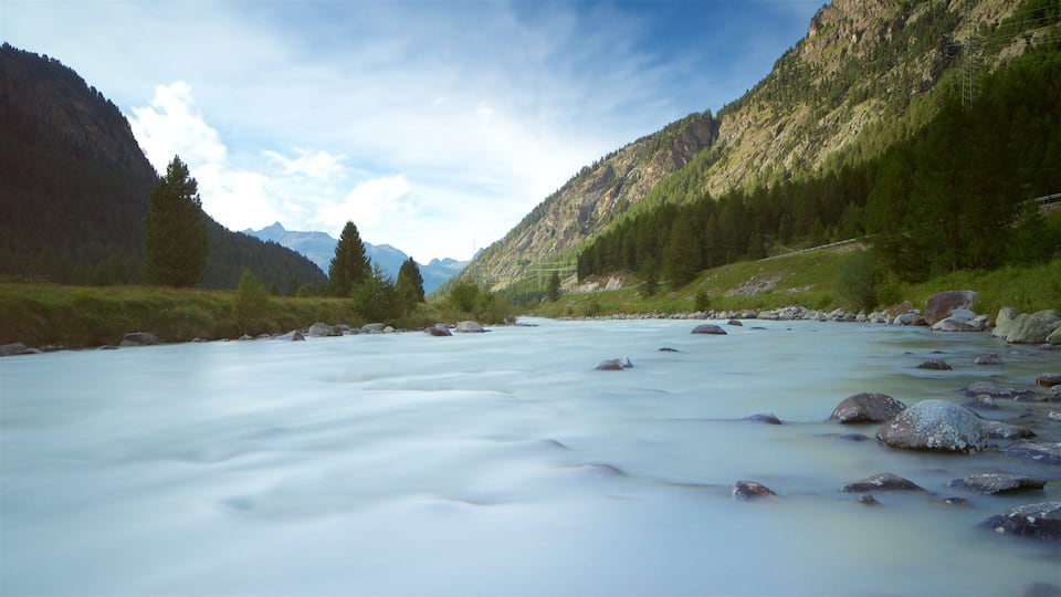 A river flowing through a mountainous landscape with rocky banks and dense forests.