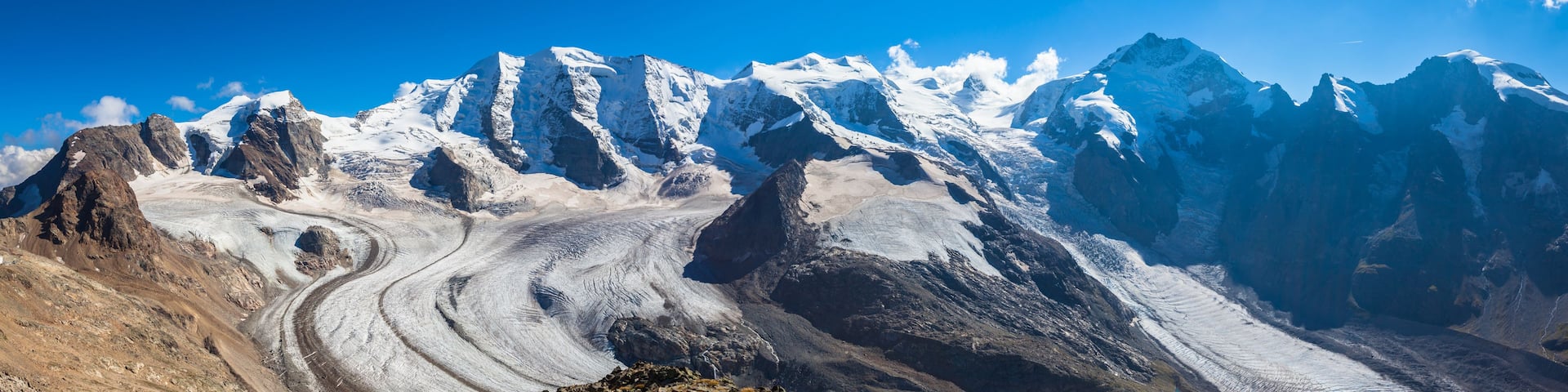 Panorama view of Bernina massive and Morteratsch glacier