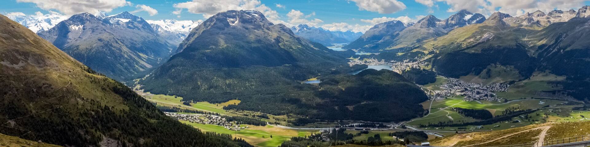 Panoramic view from Muottas Muragl (Engadin, Switzerland), in the Swiss canton of Graubunden. It overlooks Engadin, between the towns of Samedan, Pontresina and St. Moritz towards Silvaplana.