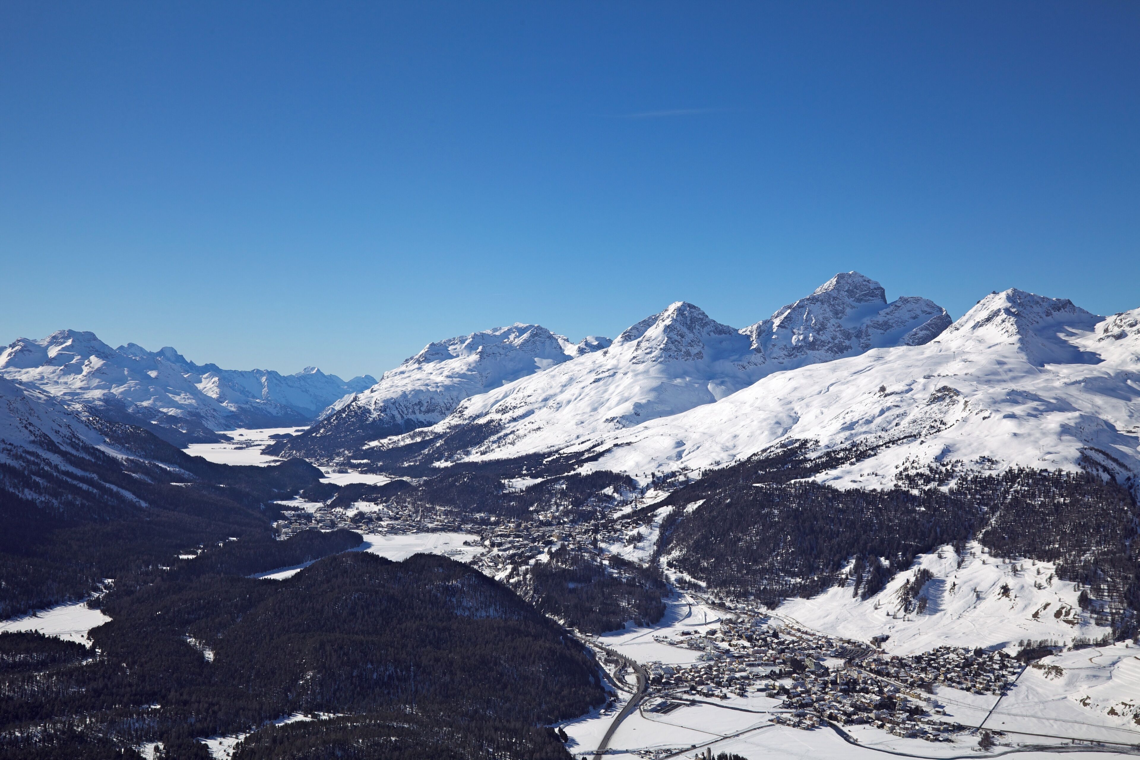 View of the High Engadin valley from Muragl, canton Grisons, Switzerland.