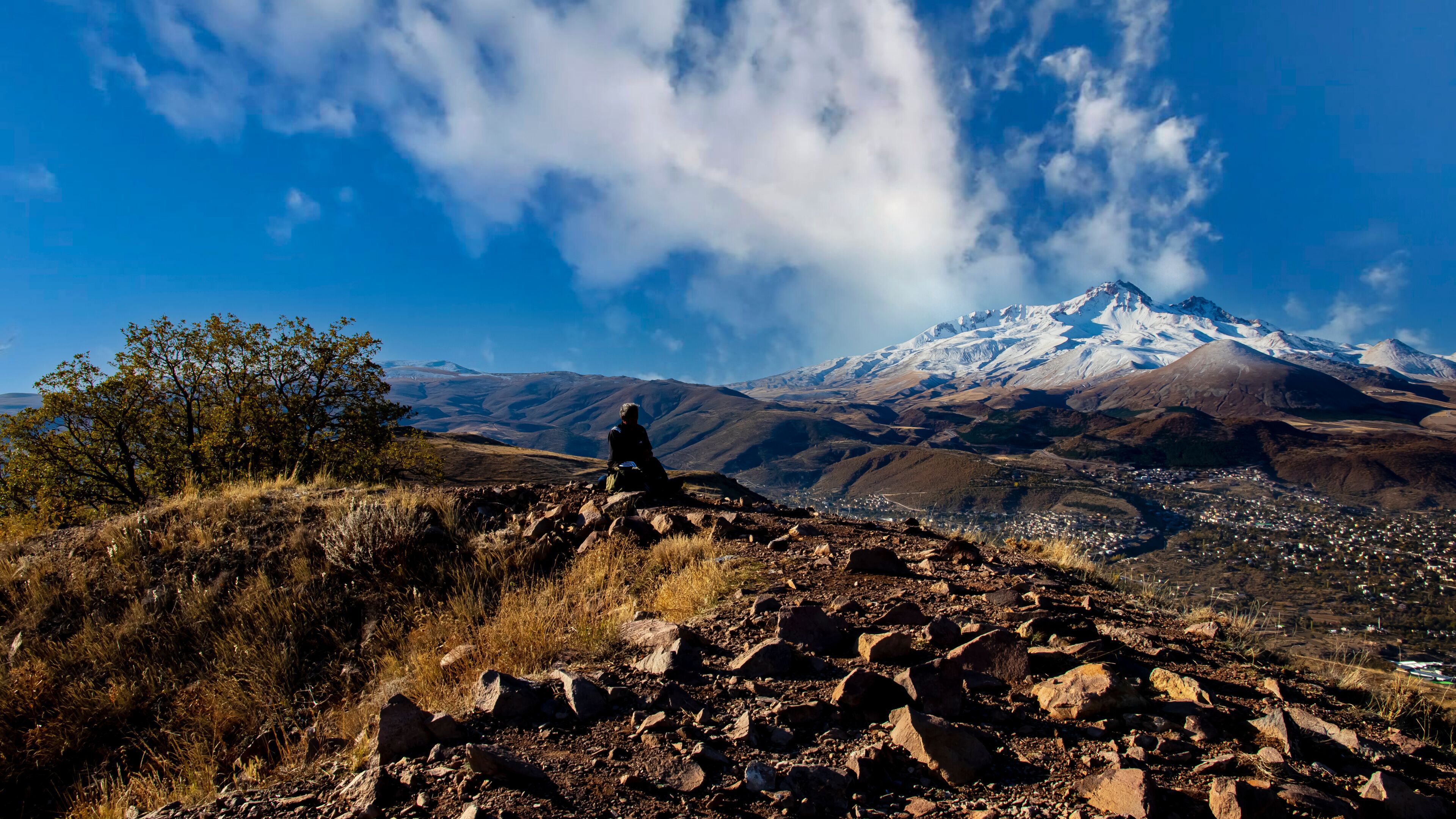 A person sitting on a rocky outcrop with a snow-capped mountain in the background.