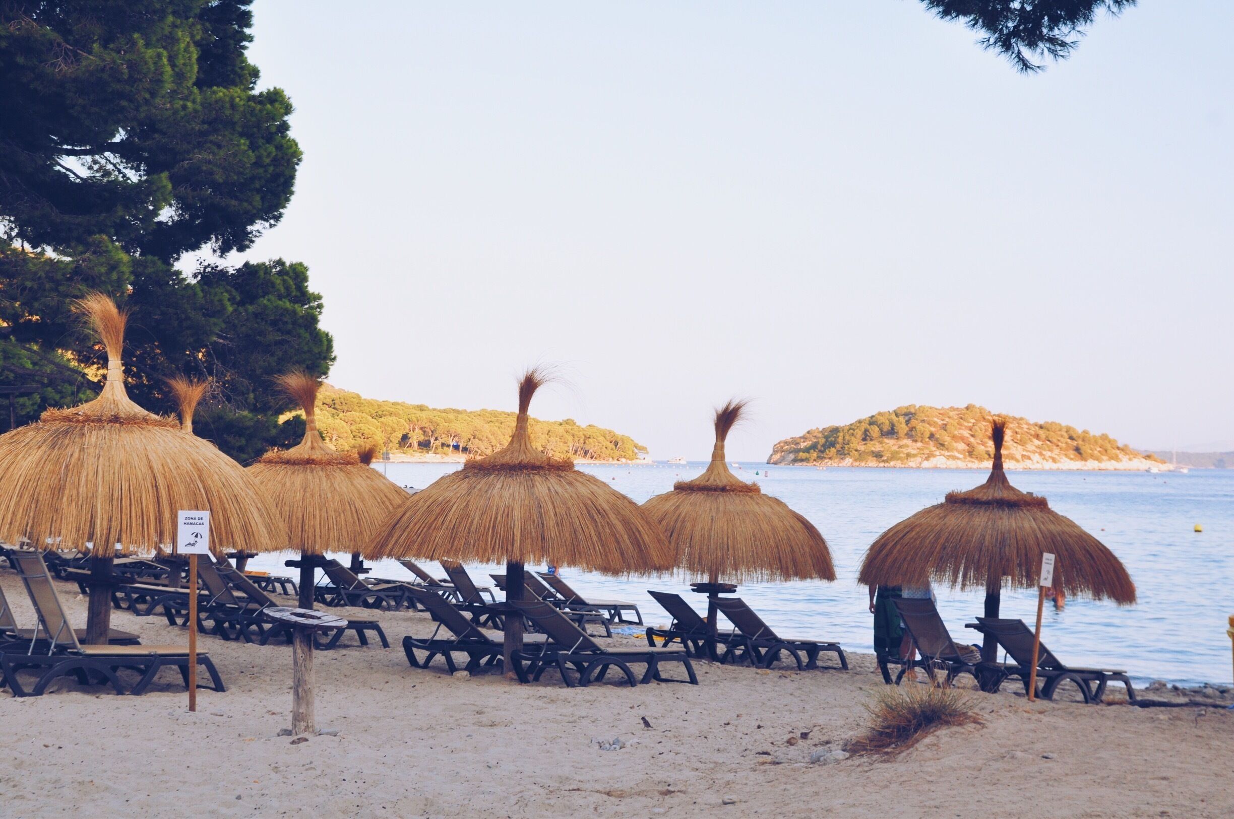A beach with thatched umbrellas and lounge chairs.