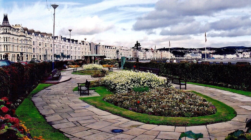 Douglas - Harris Promenade-Sunken gardens, Sefton View is to the northwest from the Harris Promenade southeast of the Sefton Hotel shown in the background at the left.