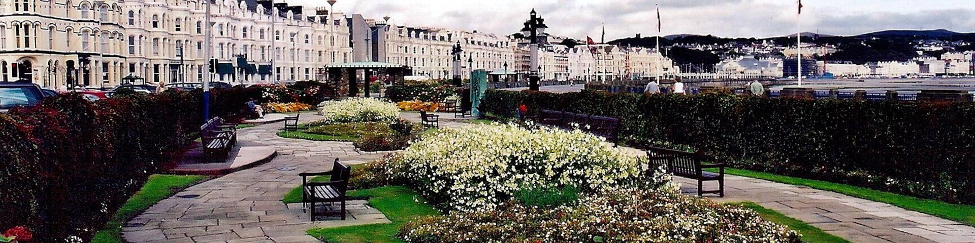 Douglas - Harris Promenade-Sunken gardens, Sefton View is to the northwest from the Harris Promenade southeast of the Sefton Hotel shown in the background at the left.