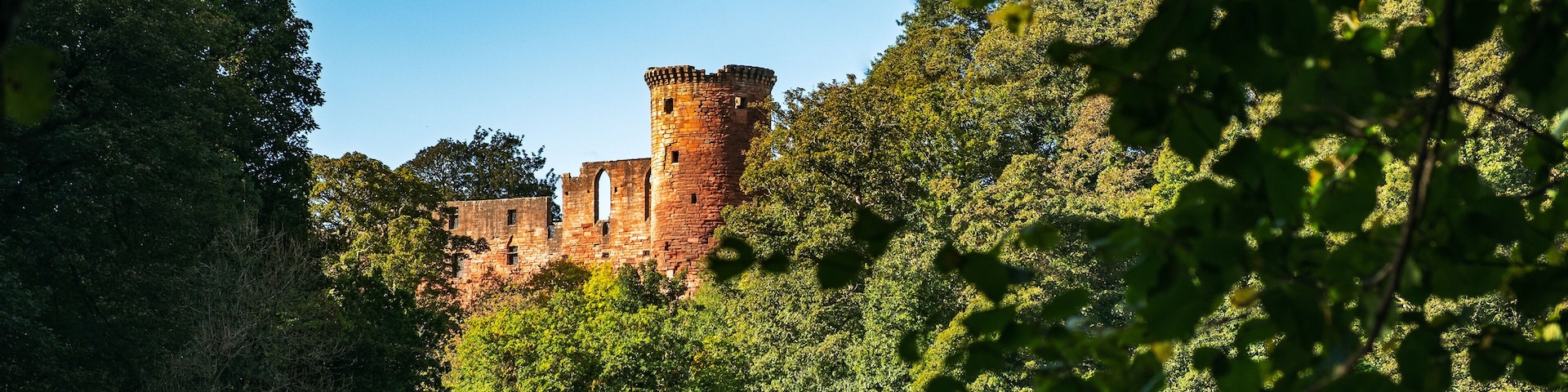 Un castillo rodeado de un bosque frondoso y una masa de agua.