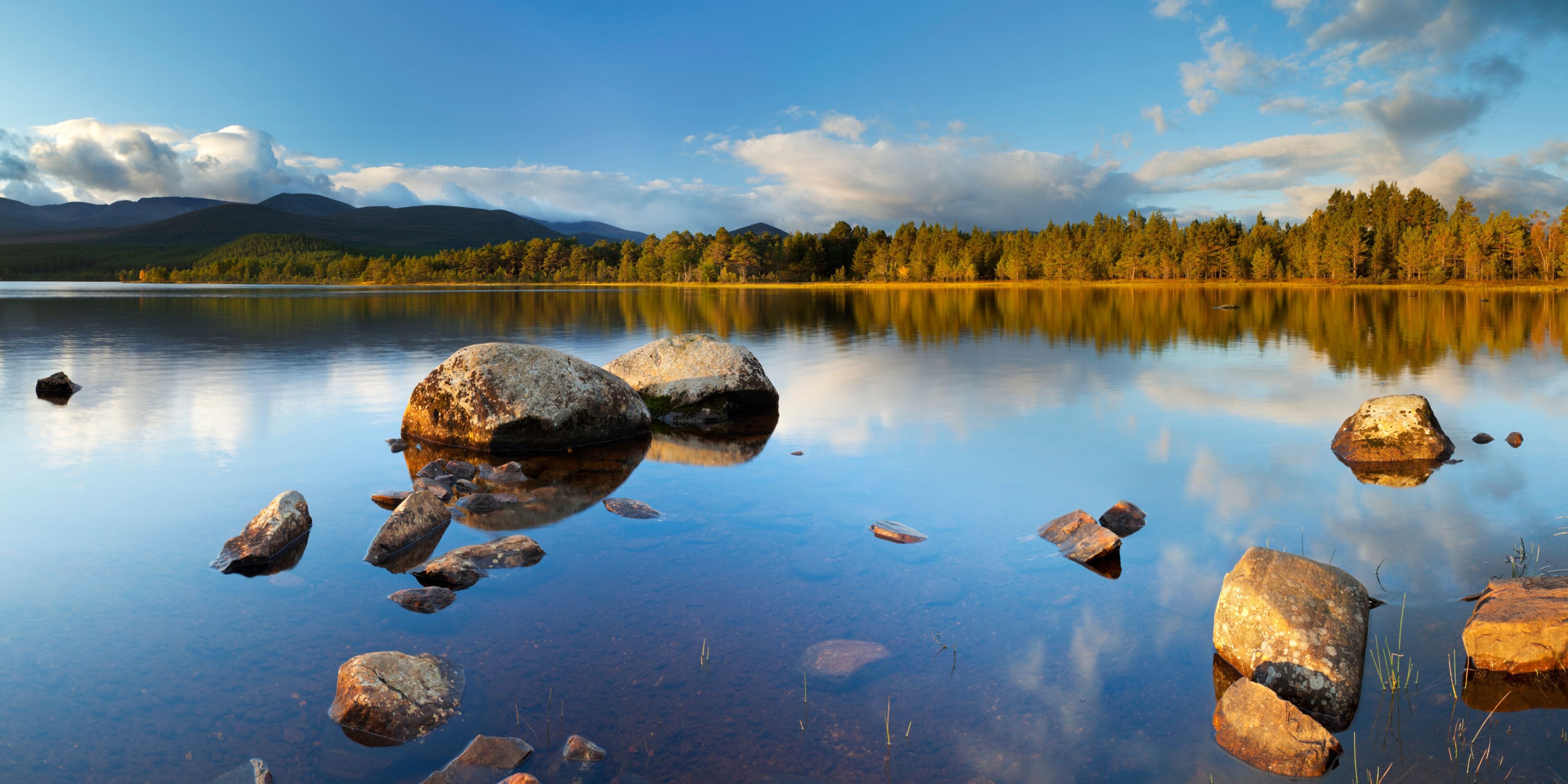 Um lago calmo com reflexos nítidos, rodeado por uma floresta e montanhas ao fundo.