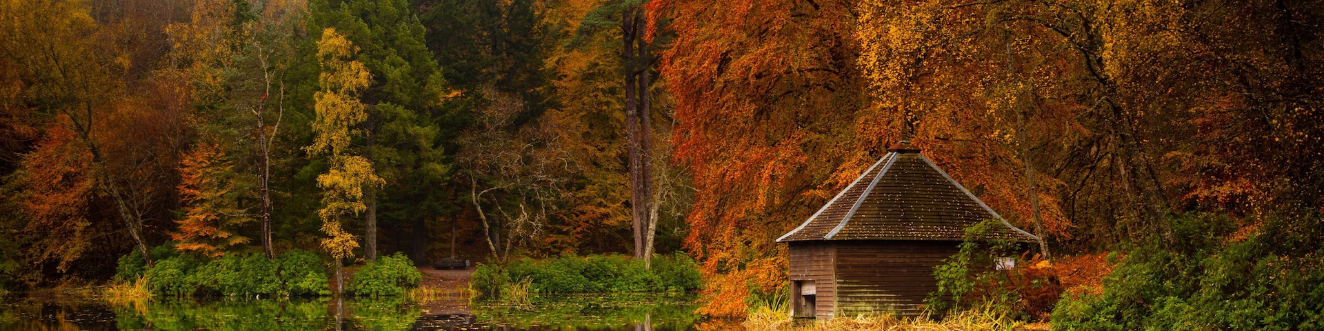 A wooden cabin surrounded by autumn-colored trees and a reflective pond.