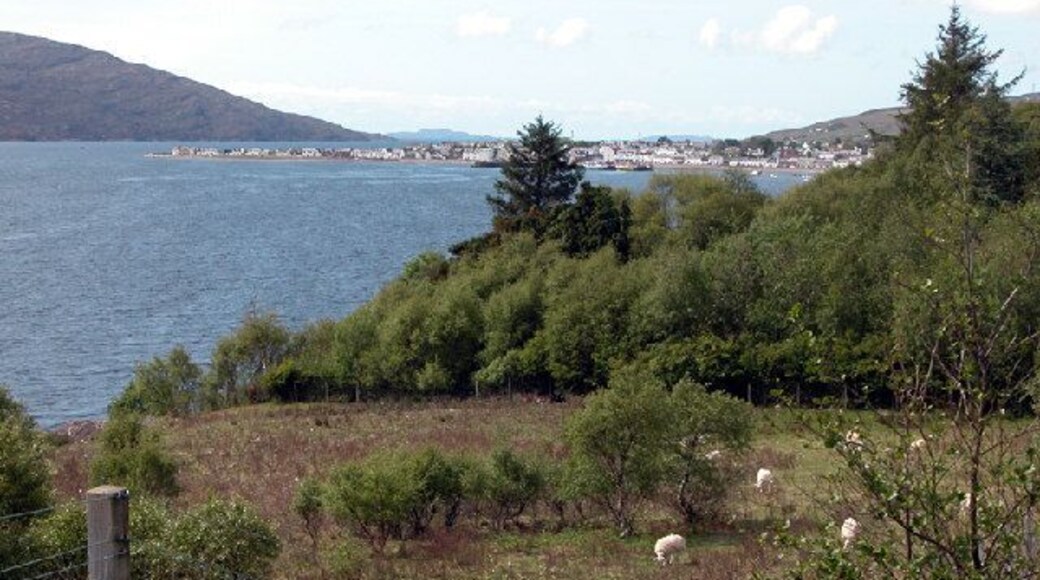 Looking down Loch Broom to Ullapool. The view from a roadside viewpoint on the shore of Loch Broom