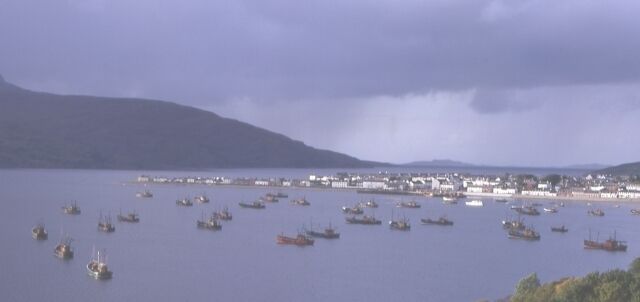 A coastal town with numerous boats in the water and a hilly landscape in the background.