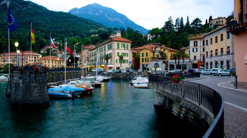 A harbor with boats, a stone bridge, and buildings with flags.