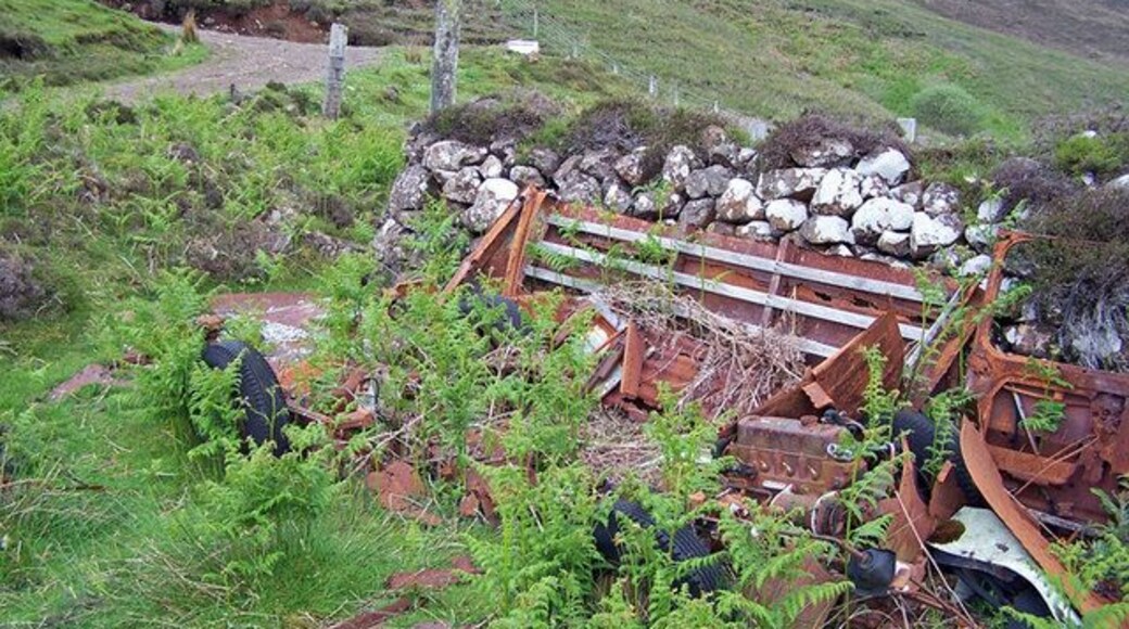 Abandoned vehicle, Lower Ollach Look carefully among the bracken - the four wheels and engine, plus some very decayed body panels are fairly obvious. Largely hidden in this view is the chassis, gearbox, axle and suspension. The vehicle was probably once a 1950's Austin/Morris van. I suspect it will probably lie here until it has been completely absorbed into the hillside on which it stands.