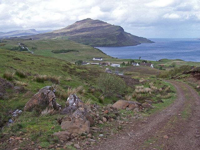Track towards Lower Ollach The track provides access to the Braes water treatment plant. At the top of the track is a viewpoint at Farquhar's seat, above the Coille Iosal woodland. Beyond, the mountain is Ben Tianaviag.