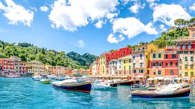 A colorful waterfront with boats docked and a hillside of Mediterranean-style buildings.