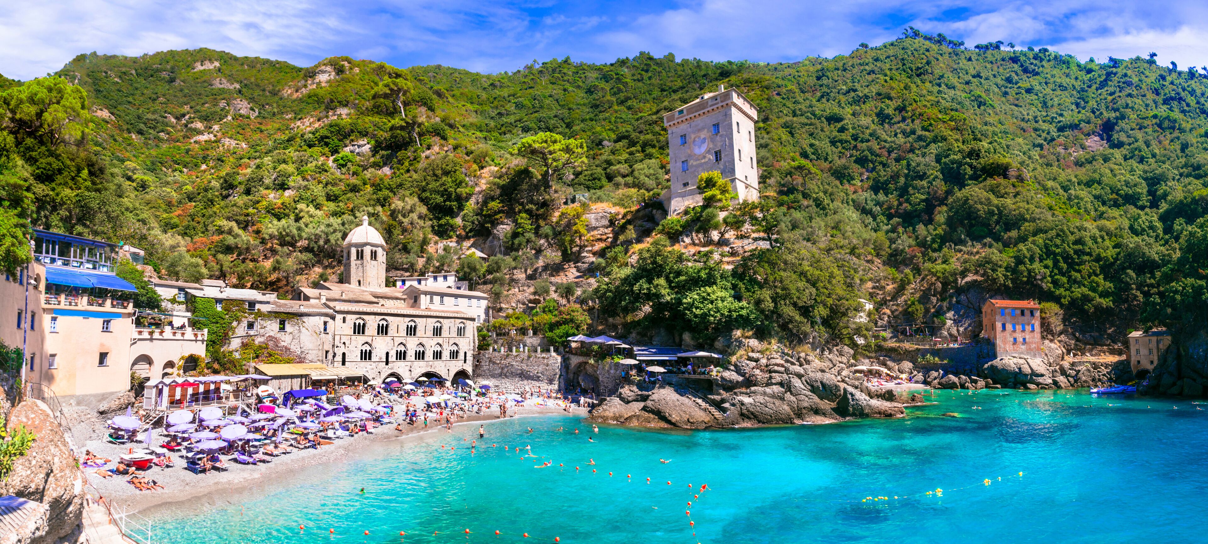 San Fruttuoso Abbey Italy 12K Panorama, Scenic Small Beach and Medieval Monastery in Liguria near Portofino, Turquoise Sea Bay  with Historic Architecture, Luxury Travel Destination Italian Riviera