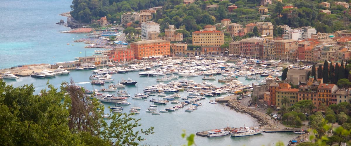 A coastal town with a marina filled with boats, surrounded by buildings and hills.