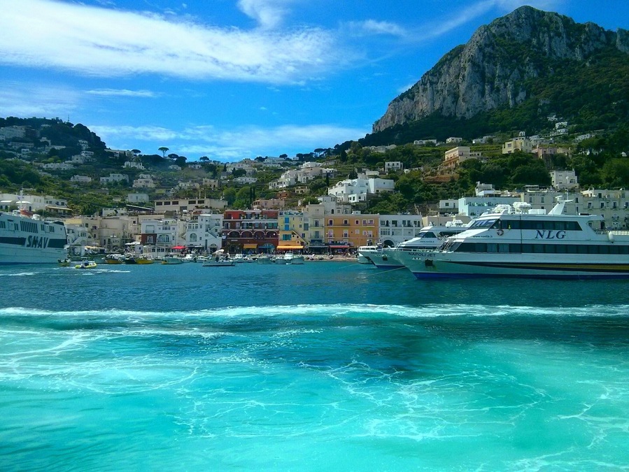 A view from the water of the marina on the Isle of Capri, Italy.