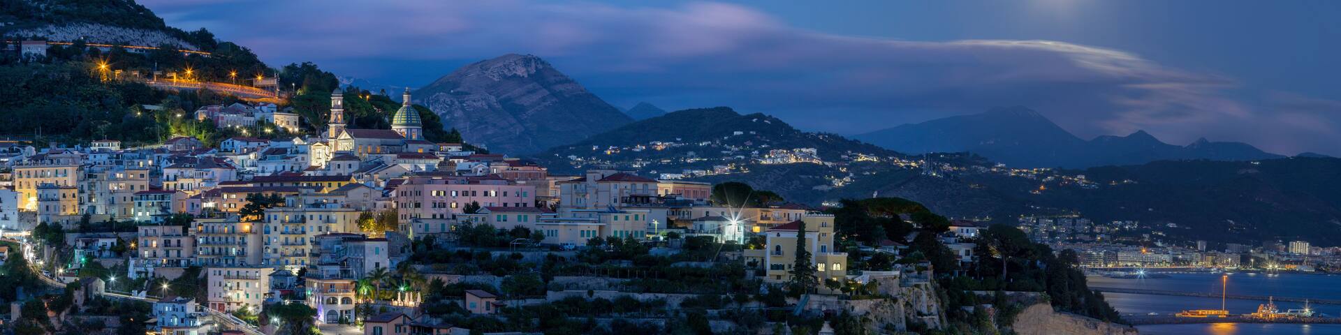 Vietri sul mare - Amalfi coast - The panorama of city with the coast at dusk.