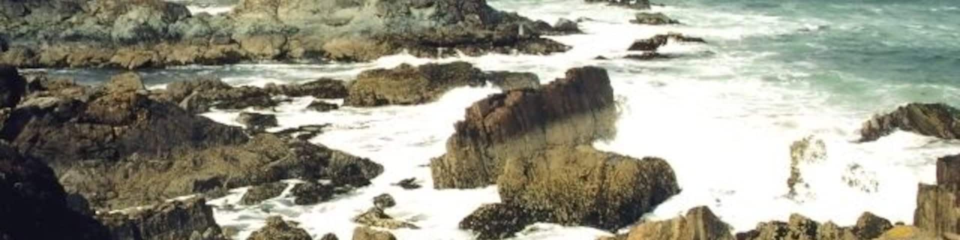 Portsoy. Rocky bays west of the harbour at Portsoy. The stacks of greenish-grey rock in the middle distance are part of the 'Portsoy Marble' outcrop, widely used for decorative purposes. It isn't in fact a marble at all; it is serpentinite.