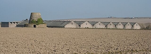 A coastal landscape with a large concrete structure and a row of small buildings.