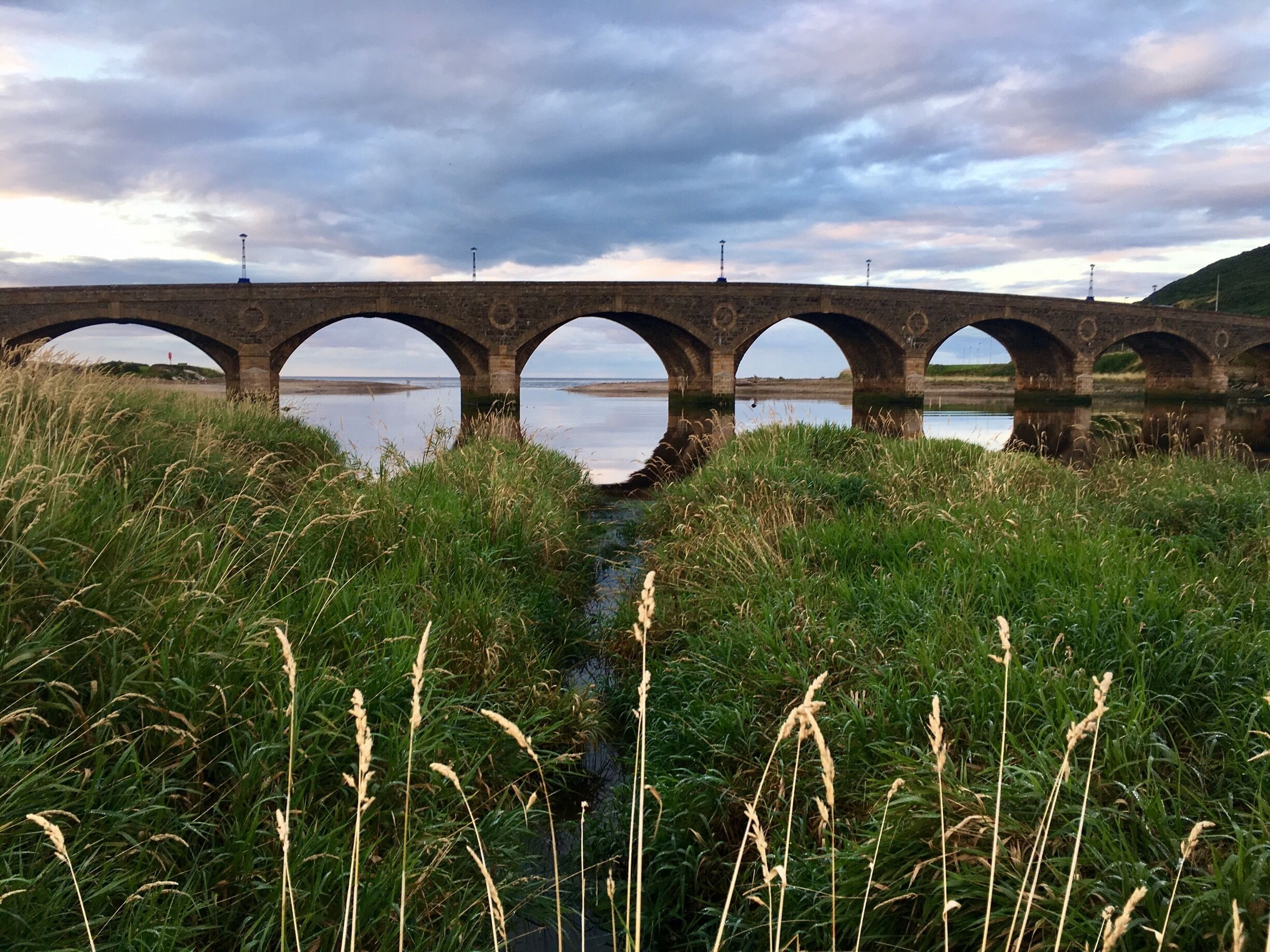 A stone bridge with multiple arches over a calm river, surrounded by lush green grass and reeds.