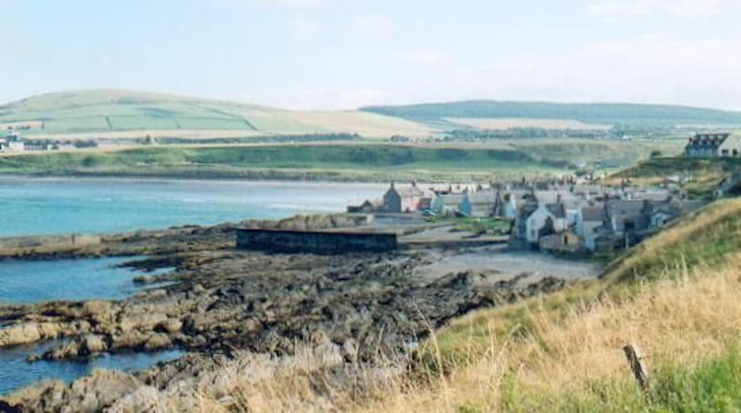 Sandend from the coast path. One of the smallest and most attractive of the old 'herring villages' on the Buchan coast.
