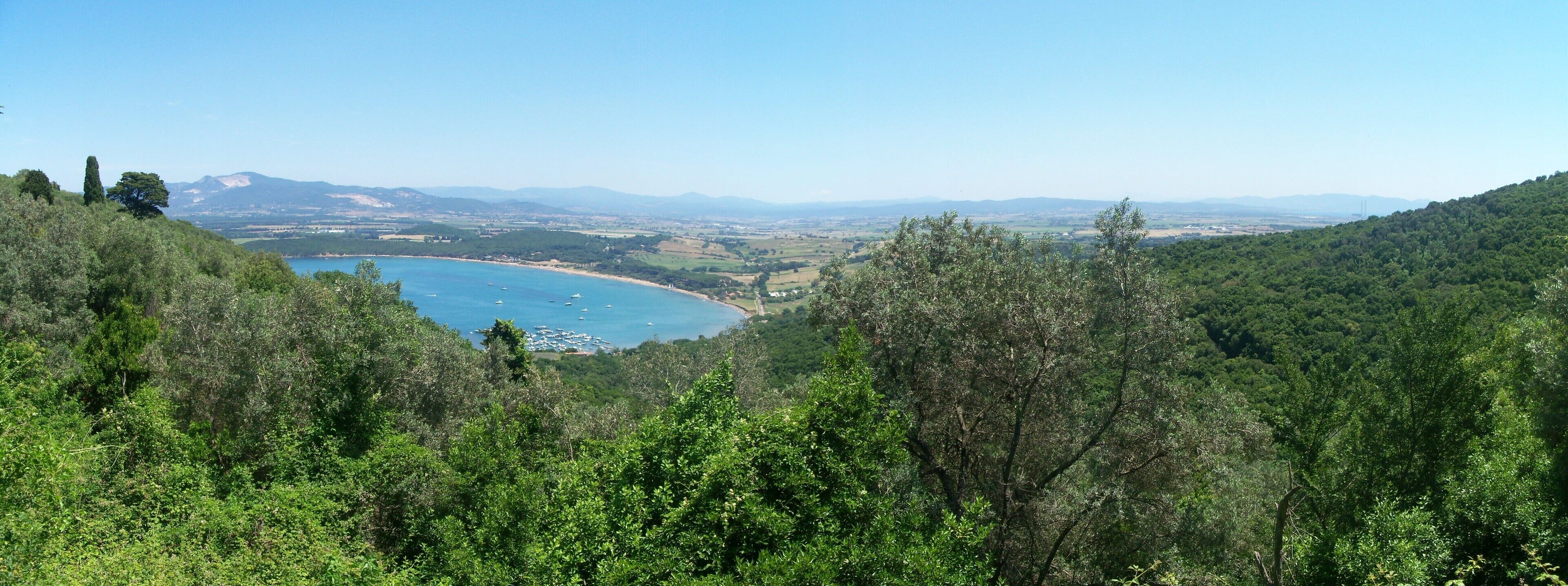 A coastal landscape with dense forest, a bay with boats, and distant mountains.