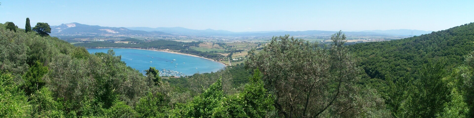 A coastal landscape with dense forest, a bay with boats, and distant mountains.