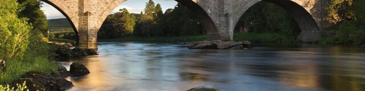 Eine Steinbrücke über einem Fluss mit drei Bögen, umgeben von Grün und Bäumen.