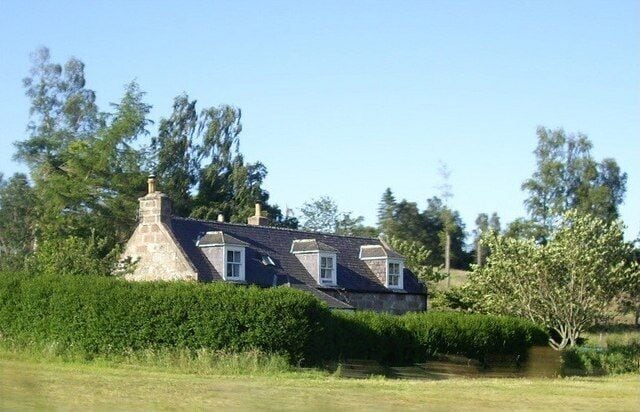A stone house with a gabled roof surrounded by greenery and trees.