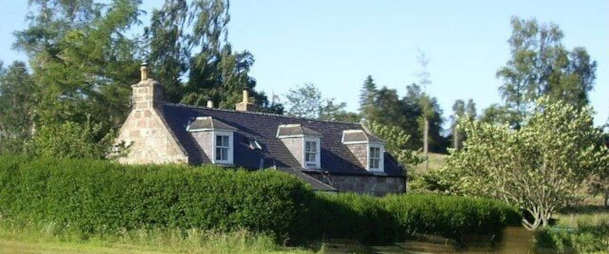 A stone house with a gabled roof surrounded by greenery and trees.