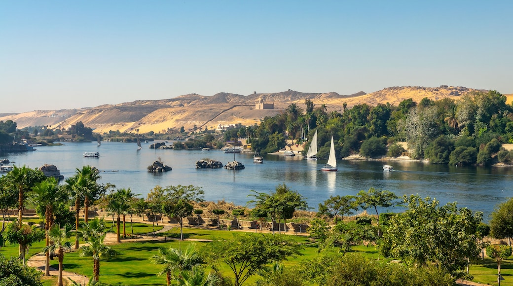 Aerial panoramic view of the Nile river with Feluccas (traditional egyptian sailing boats) in Aswan, Egypt