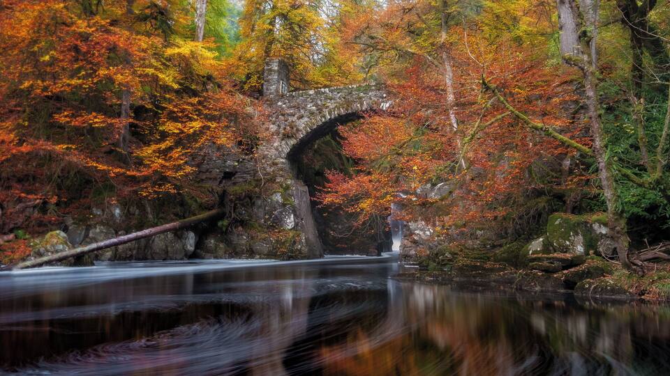 A stone bridge over a river surrounded by autumn foliage.