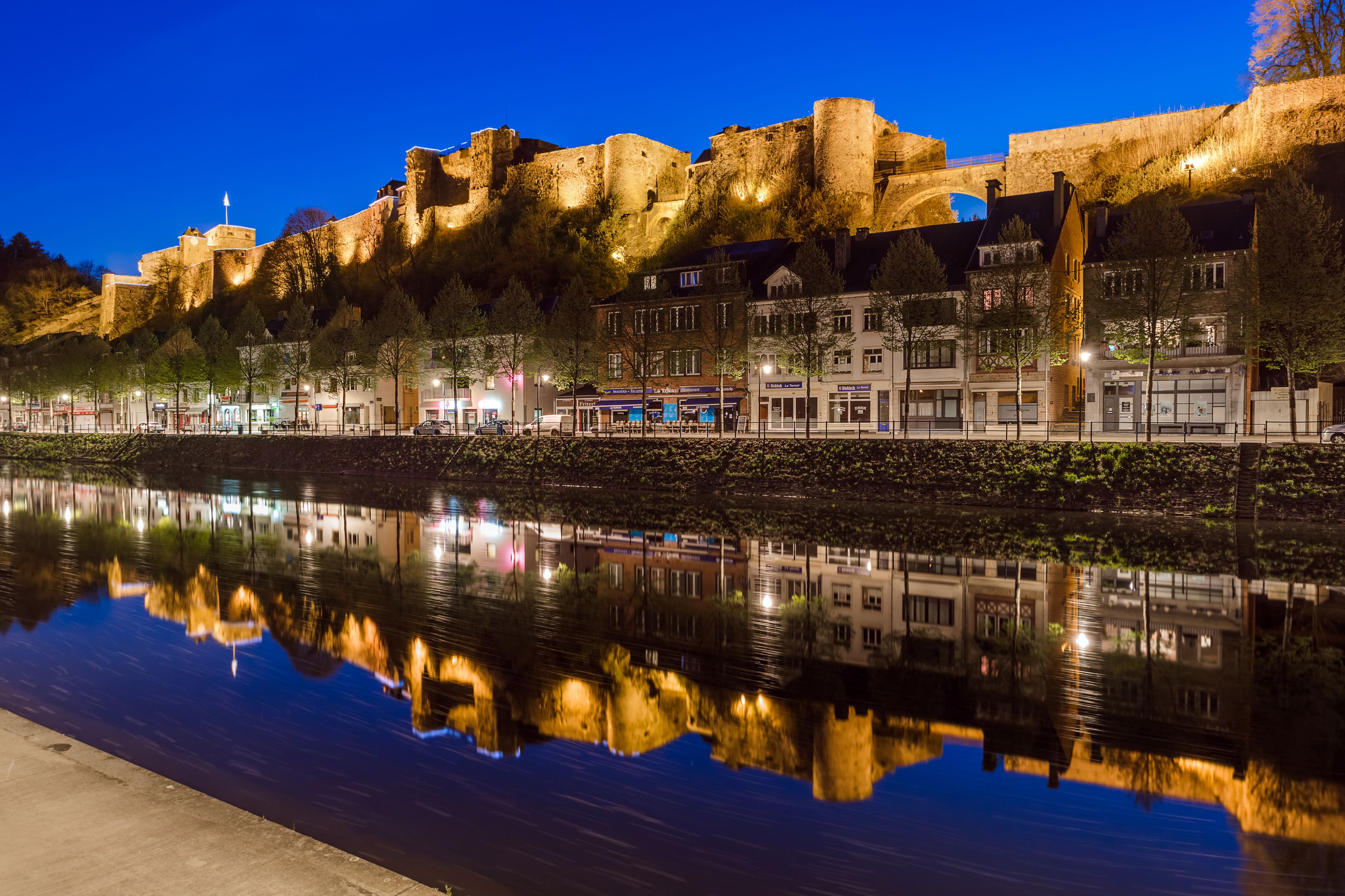A historic castle with a moat, reflecting buildings, and a clear night sky.