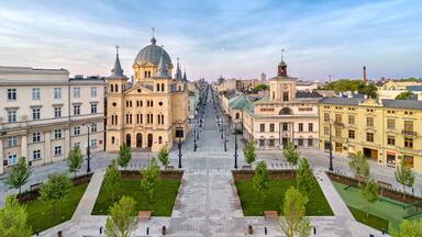 Aerial panorama of Plac Wolnosci (Liberty square) in Lodz, Poland