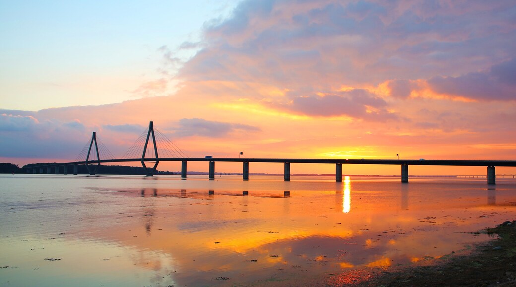 Motorway over the Storstroem in Denmark, links Falster and Zealand, wonderful sunset