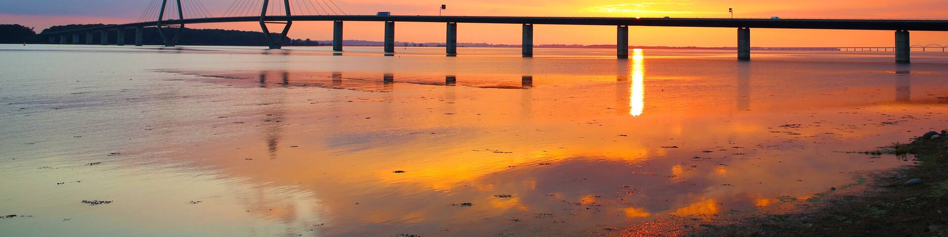 Motorway over the Storstroem in Denmark, links Falster and Zealand, wonderful sunset