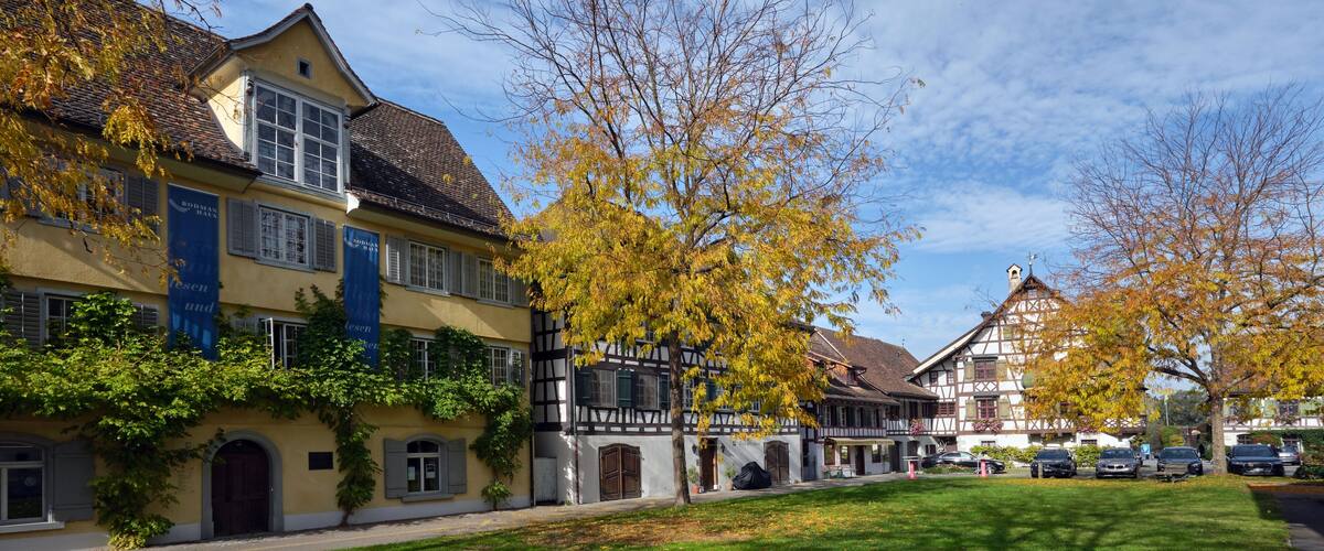 A historic building with a yellow facade and black timber framing, surrounded by a well-maintained lawn and autumn-colored trees.