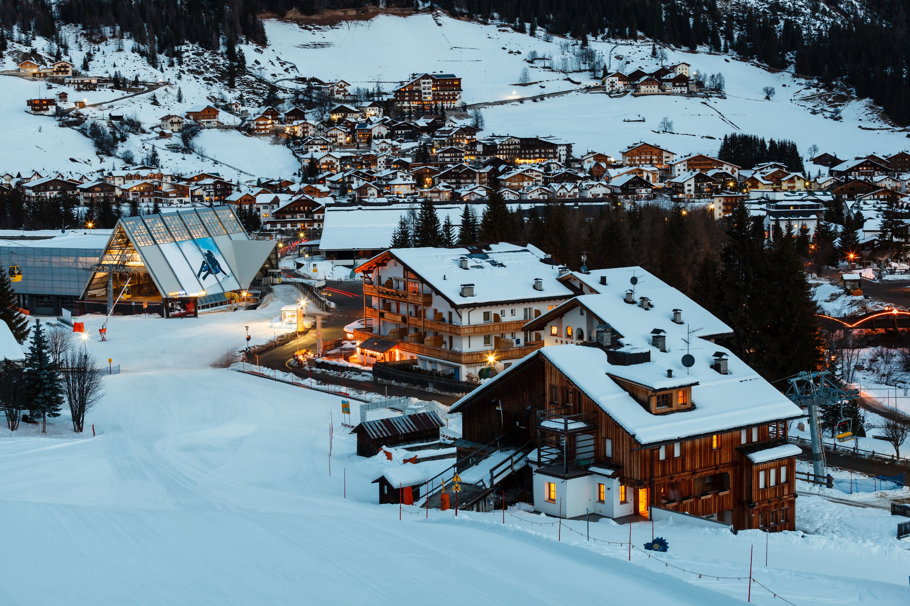 Ski Resort of Corvara at Night, Alta Badia, Dolomites Alps, Italy