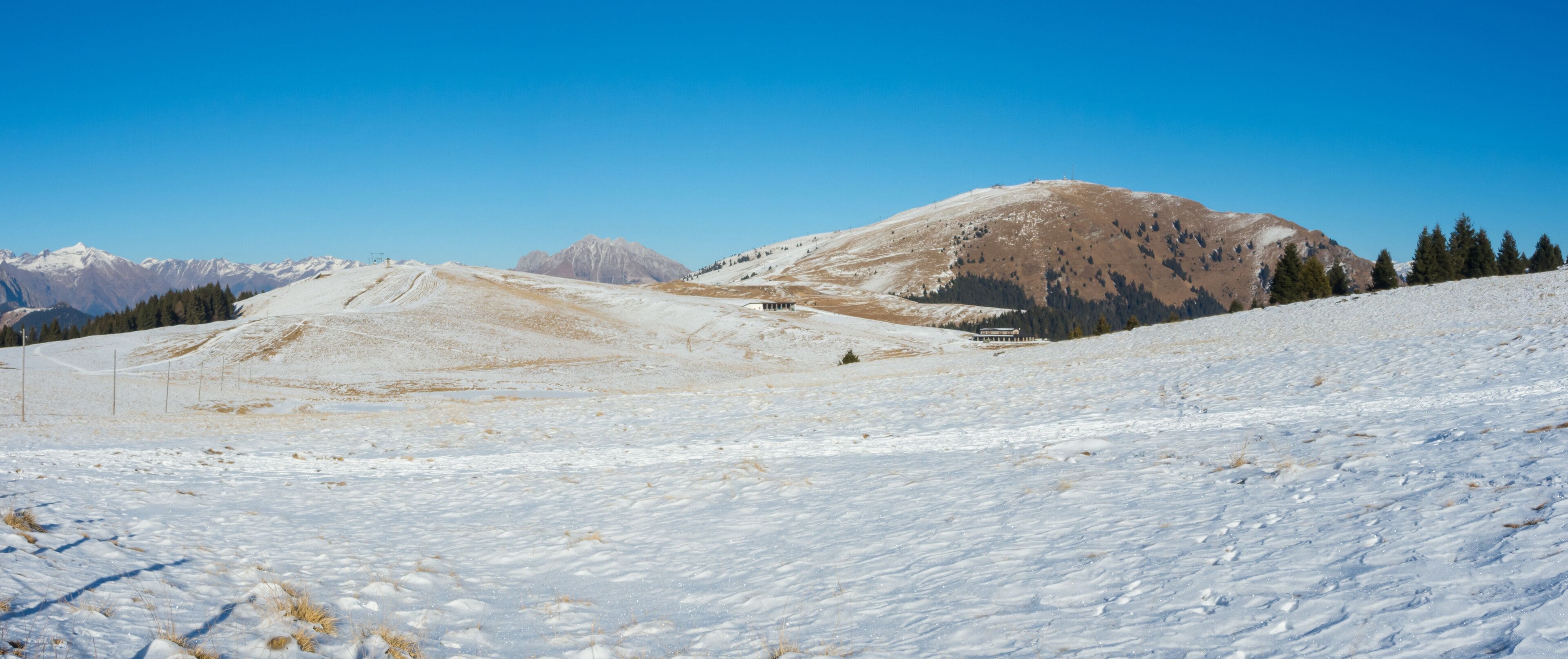 Landscape at the Monte Pora ski area in winter dry season. Orobie Alps, Bergamasque Prealps, Bergamo, Italy. 